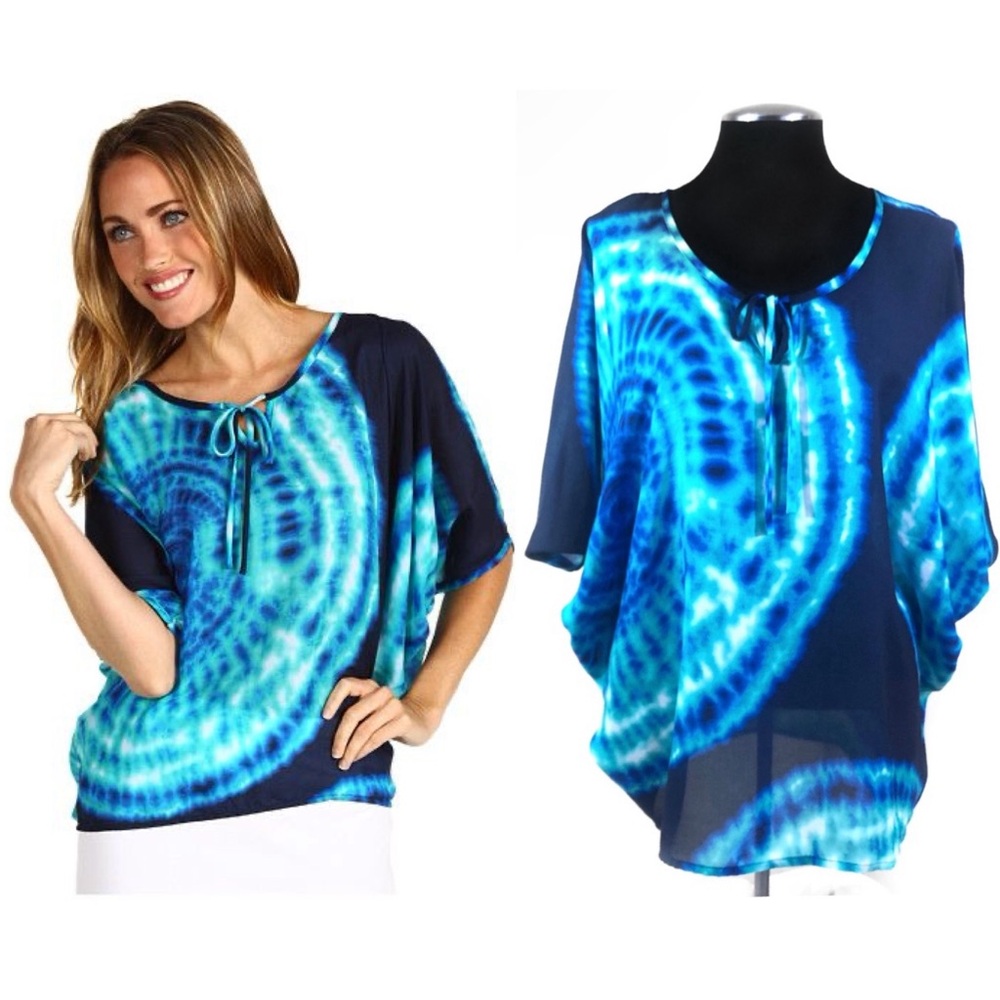 Jones New York - Blue Tie Dye Pullover Flutter Top - Small